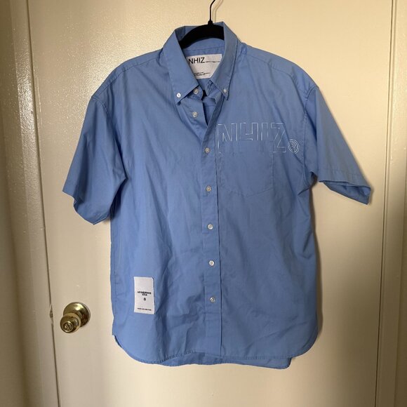 NHIZ x Izzue Neighborhood Blue Poplin Logo Print Buttondown Shirt S - Picture 2 of 7